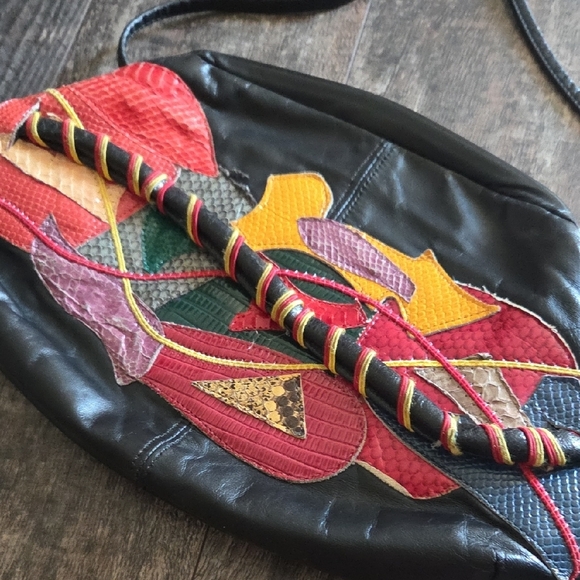 Vintage Patchwork  Black Leather Crossbody with Multicolor Accents - Picture 4 of 8